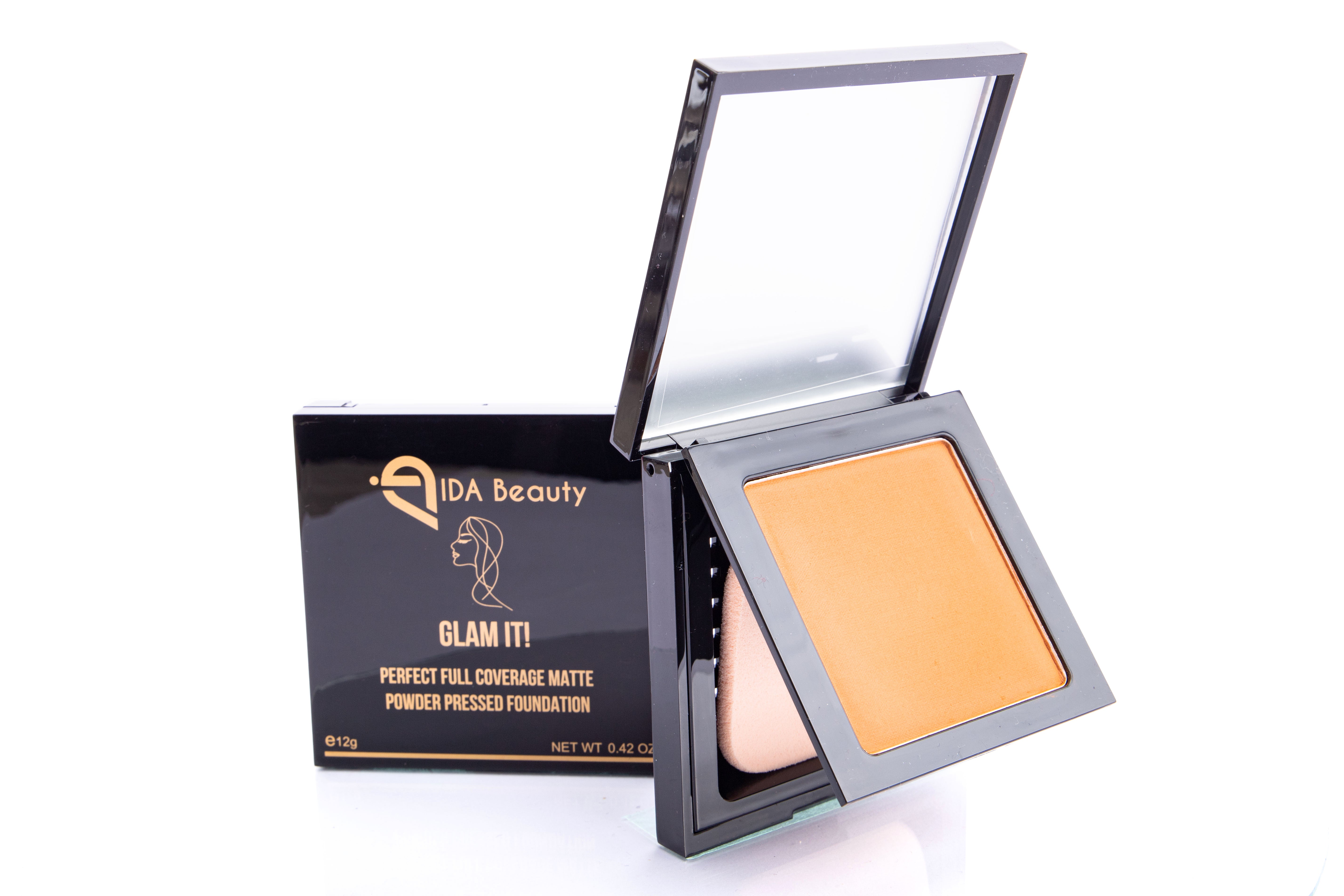 Glam It! Perfect Full Coverage Matte Powder Pressed Foundation. Covers & Conceals fine Lines, Pores, Wrinkles, Blemishes 