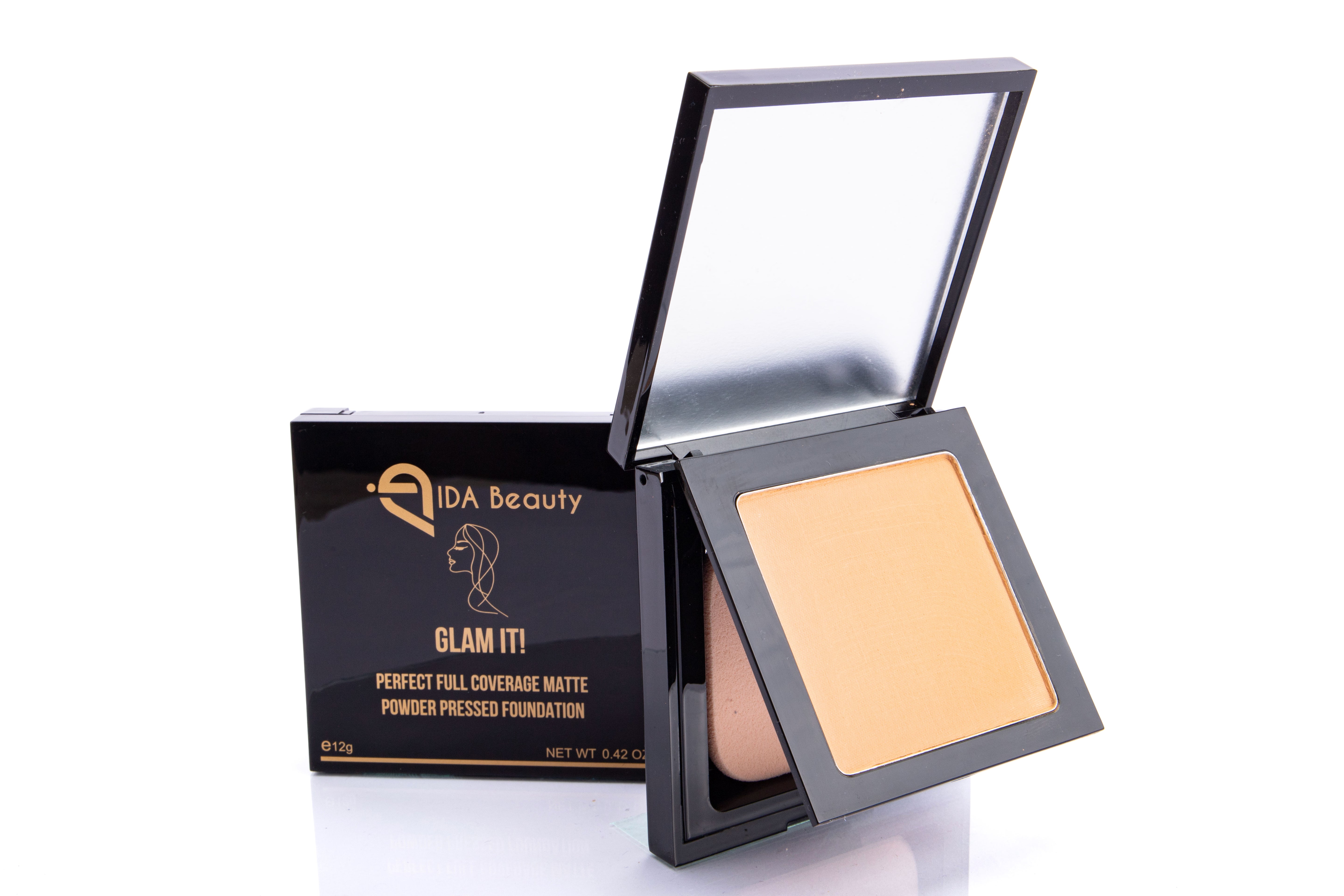 Glam It! Perfect Full Coverage Matte Powder Pressed Foundation. Designed for All Skin Types and Tones